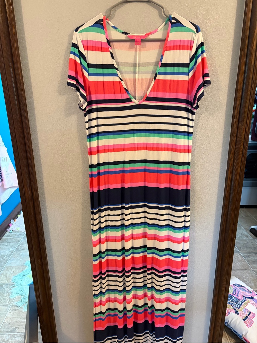 Lilly Pulitzer Coral, Navy, Teal & Pink Striped V-Neck Maxi Dress